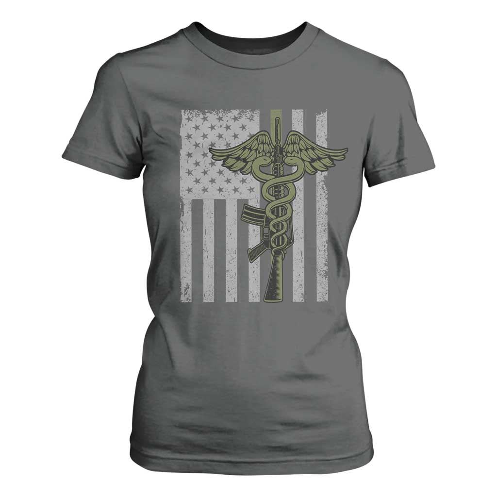 Combat Medic Soldier T Shirt For Women Caduceus Vintage American Flag TS11 Dark Heather Print Your Wear