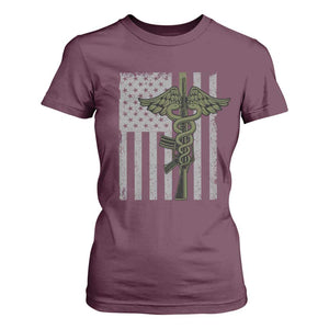 Combat Medic Soldier T Shirt For Women Caduceus Vintage American Flag - Print Your Wear