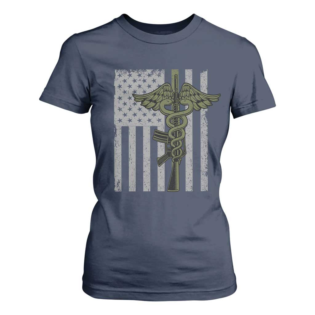 Combat Medic Soldier T Shirt For Women Caduceus Vintage American Flag TS11 Navy Print Your Wear