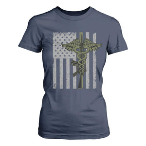 Combat Medic Soldier T Shirt For Women Caduceus Vintage American Flag - Print Your Wear