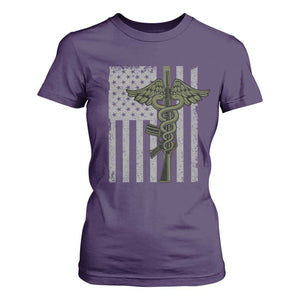 Combat Medic Soldier T Shirt For Women Caduceus Vintage American Flag - Print Your Wear