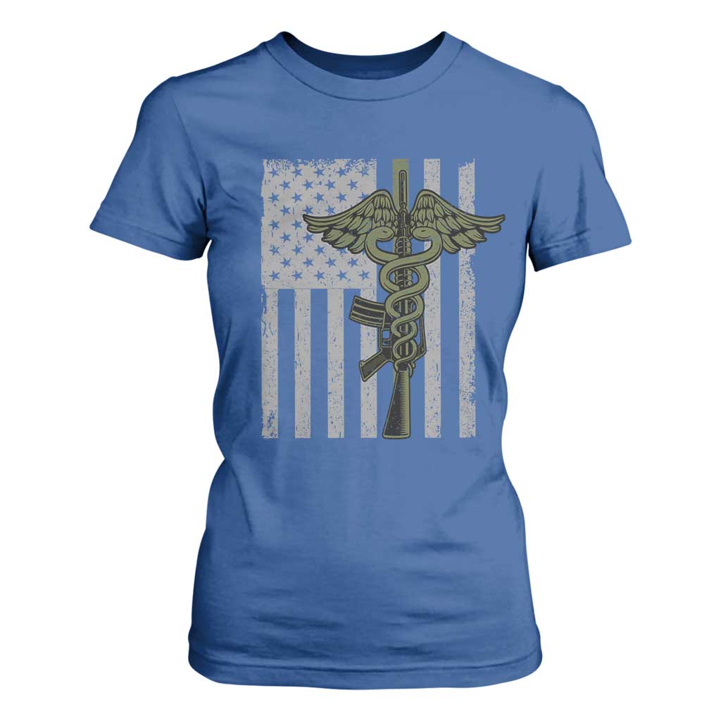 Combat Medic Soldier T Shirt For Women Caduceus Vintage American Flag TS11 Royal Blue Print Your Wear
