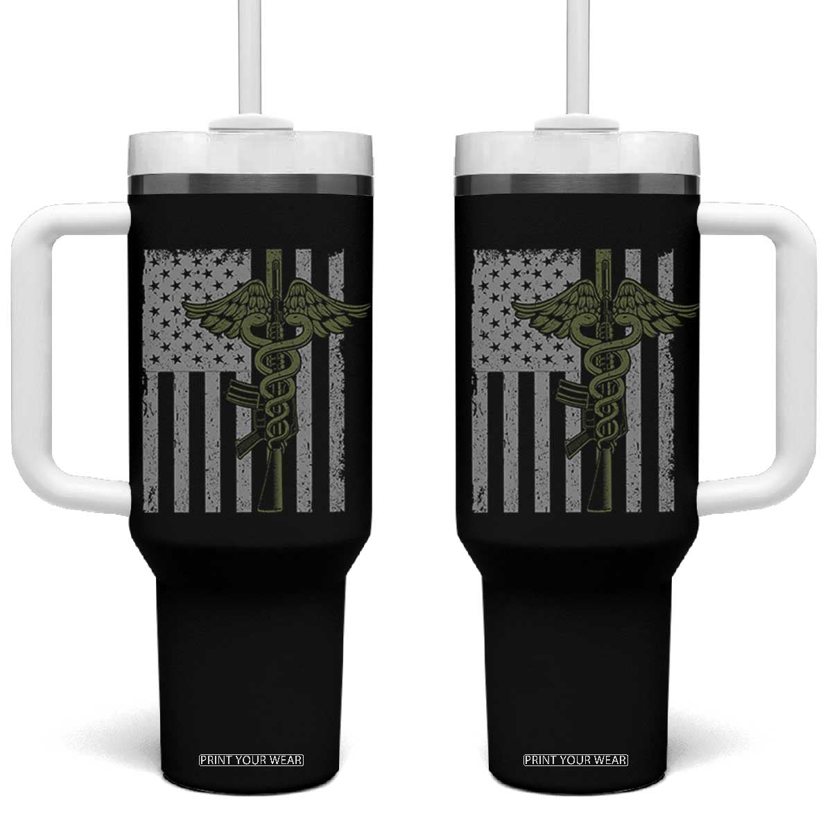 Combat Medic Soldier Tumbler With Handle Caduceus Vintage American Flag TS11 One Size: 40 oz Black Print Your Wear