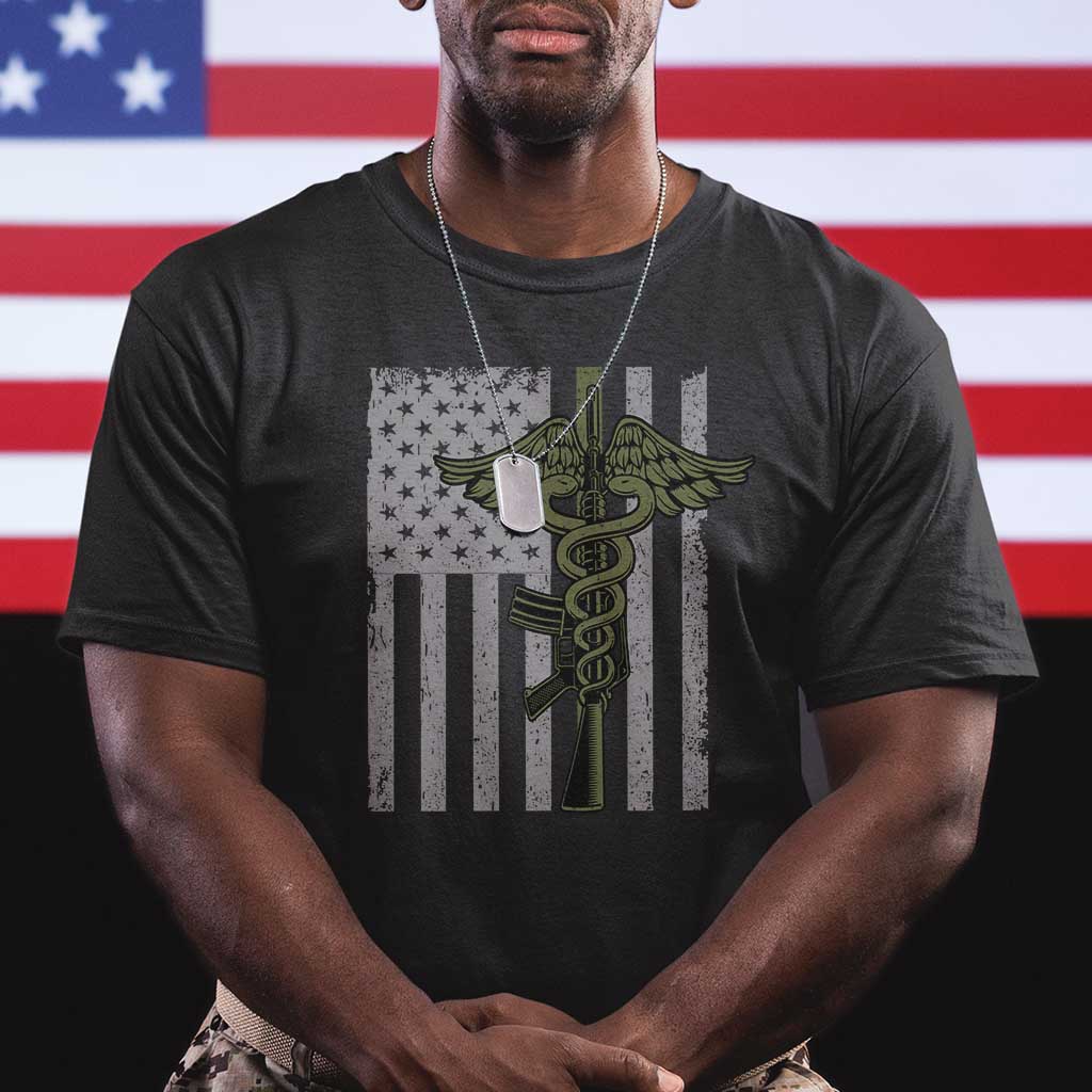 Combat Medic Soldier T Shirt Caduceus Vintage American Flag TS11 Black Print Your Wear