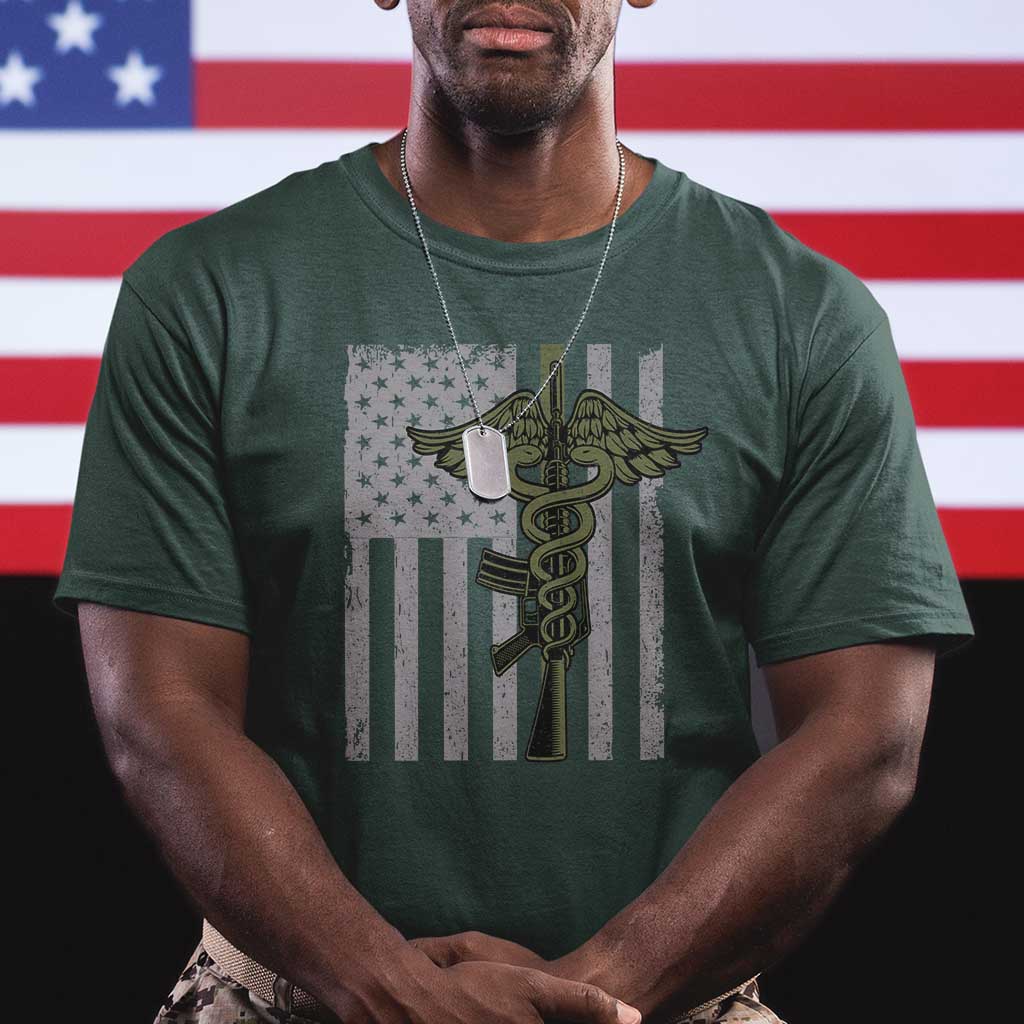 Combat Medic Soldier T Shirt Caduceus Vintage American Flag TS11 Dark Forest Green Print Your Wear