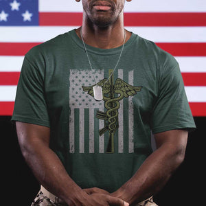Combat Medic Soldier T Shirt Caduceus Vintage American Flag TS11 Dark Forest Green Print Your Wear