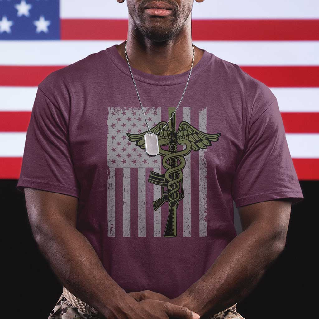 Combat Medic Soldier T Shirt Caduceus Vintage American Flag TS11 Maroon Print Your Wear