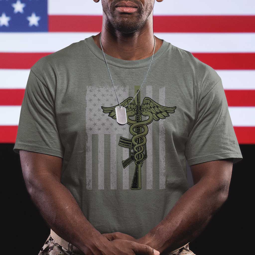 Combat Medic Soldier T Shirt Caduceus Vintage American Flag TS11 Military Green Print Your Wear