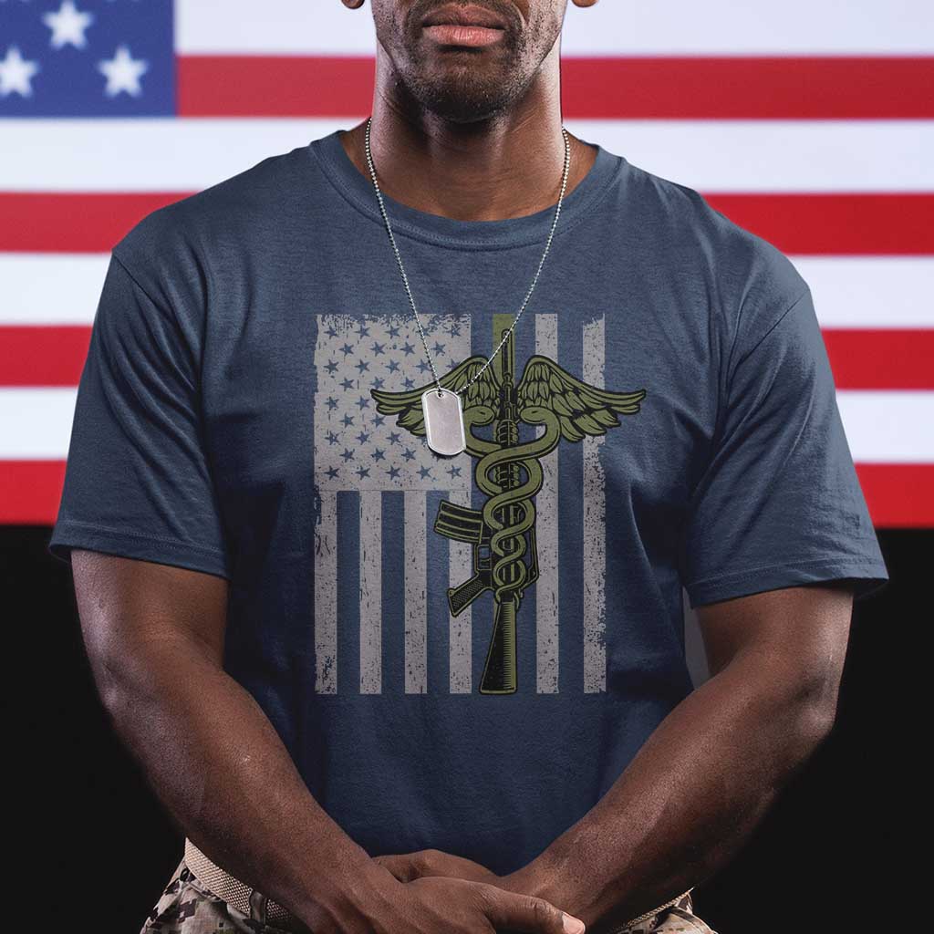 Combat Medic Soldier T Shirt Caduceus Vintage American Flag TS11 Navy Print Your Wear