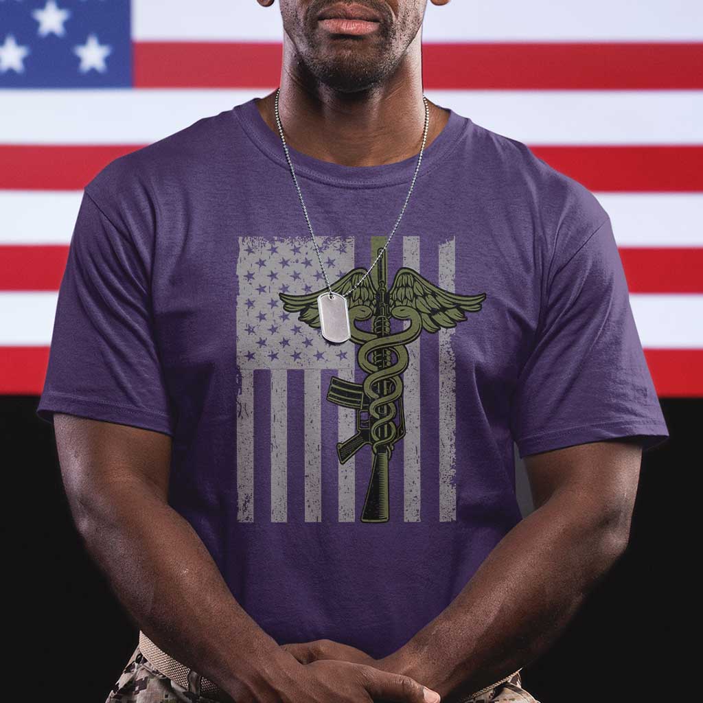 Combat Medic Soldier T Shirt Caduceus Vintage American Flag TS11 Purple Print Your Wear