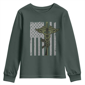 Combat Medic Soldier Youth Sweatshirt Caduceus Vintage American Flag TS11 Dark Forest Green Print Your Wear