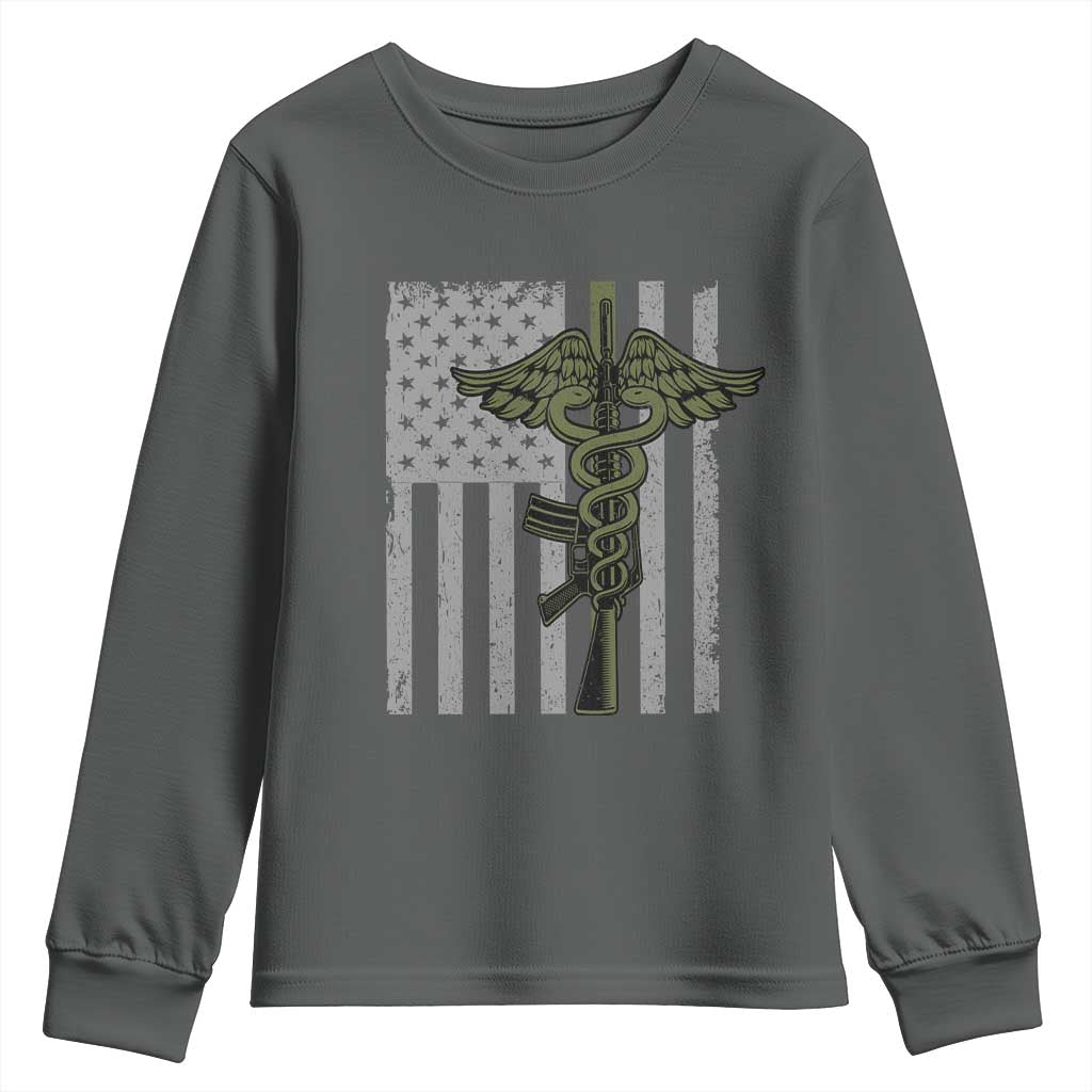 Combat Medic Soldier Youth Sweatshirt Caduceus Vintage American Flag TS11 Dark Heather Print Your Wear