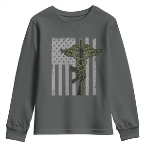 Combat Medic Soldier Youth Sweatshirt Caduceus Vintage American Flag TS11 Dark Heather Print Your Wear