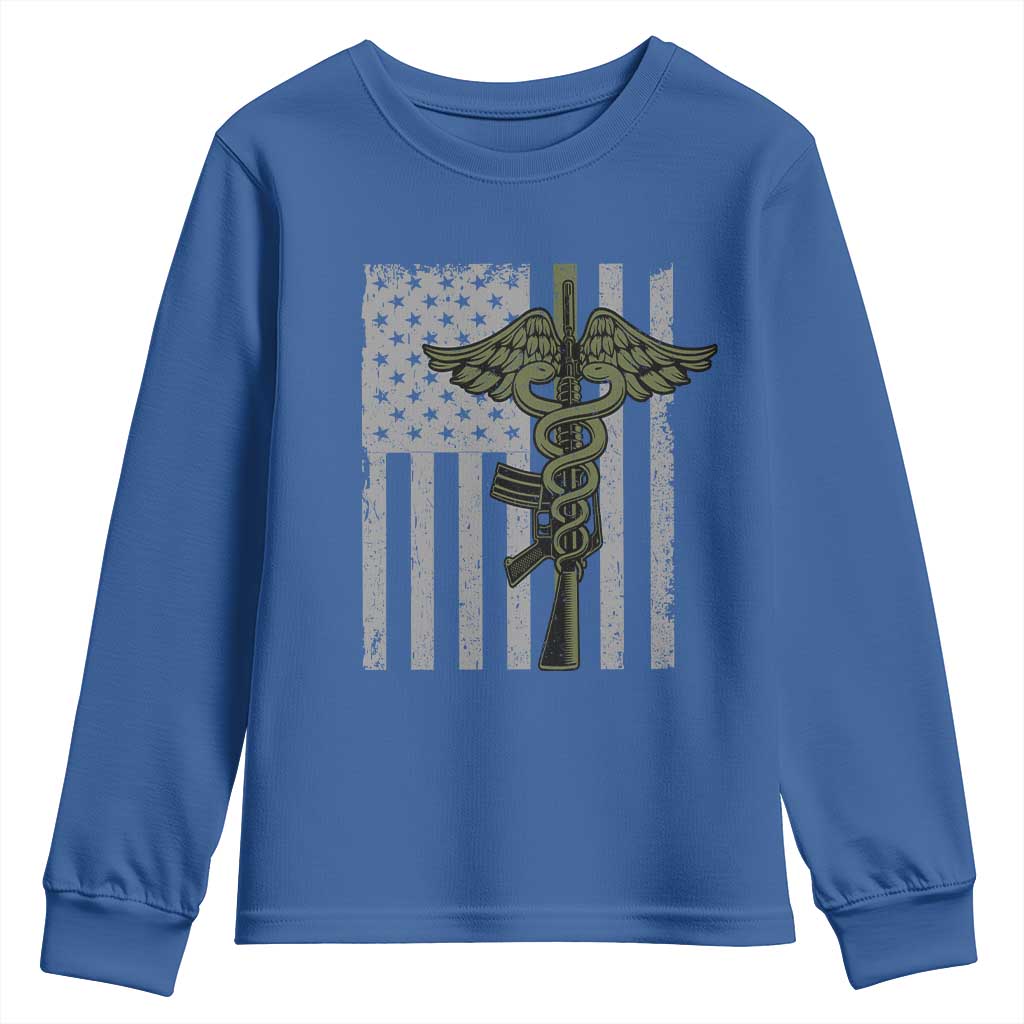 Combat Medic Soldier Youth Sweatshirt Caduceus Vintage American Flag TS11 Royal Blue Print Your Wear