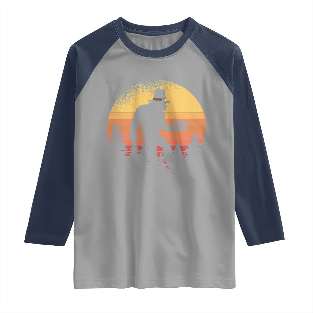 Bigfoot Pilgrim Turkey Pumpkin Thanksgiving Day Raglan Shirt TS11 Sport Gray Navy Print Your Wear