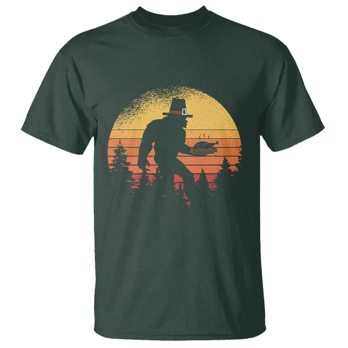 Bigfoot Pilgrim Turkey Pumpkin Thanksgiving Day T Shirt TS11 Dark Forest Green Print Your Wear