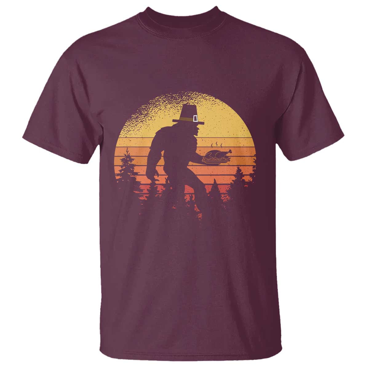 Bigfoot Pilgrim Turkey Pumpkin Thanksgiving Day T Shirt TS11 Maroon Print Your Wear