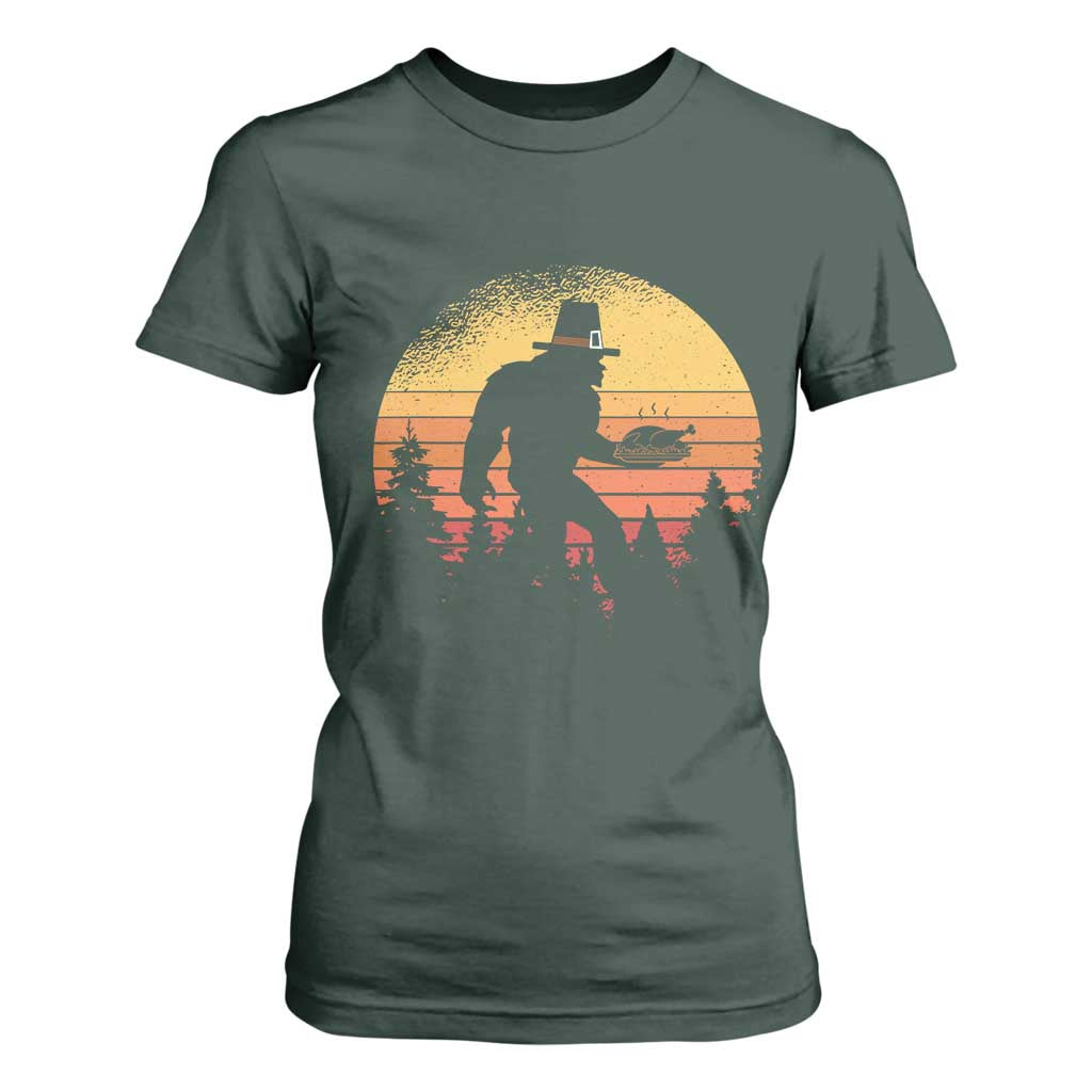 Bigfoot Pilgrim Turkey Pumpkin Thanksgiving Day T Shirt For Women TS11 Dark Forest Green Print Your Wear