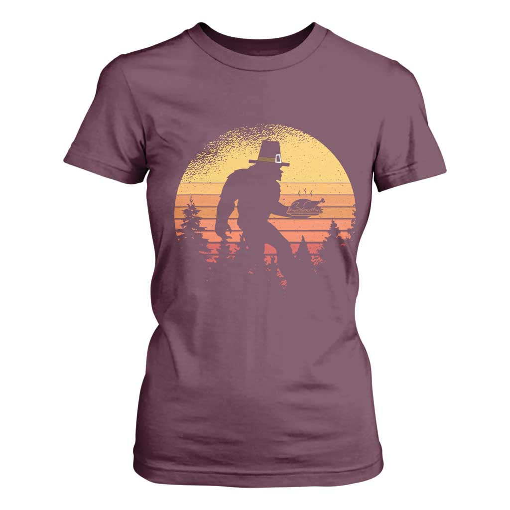 Bigfoot Pilgrim Turkey Pumpkin Thanksgiving Day T Shirt For Women TS11 Maroon Print Your Wear