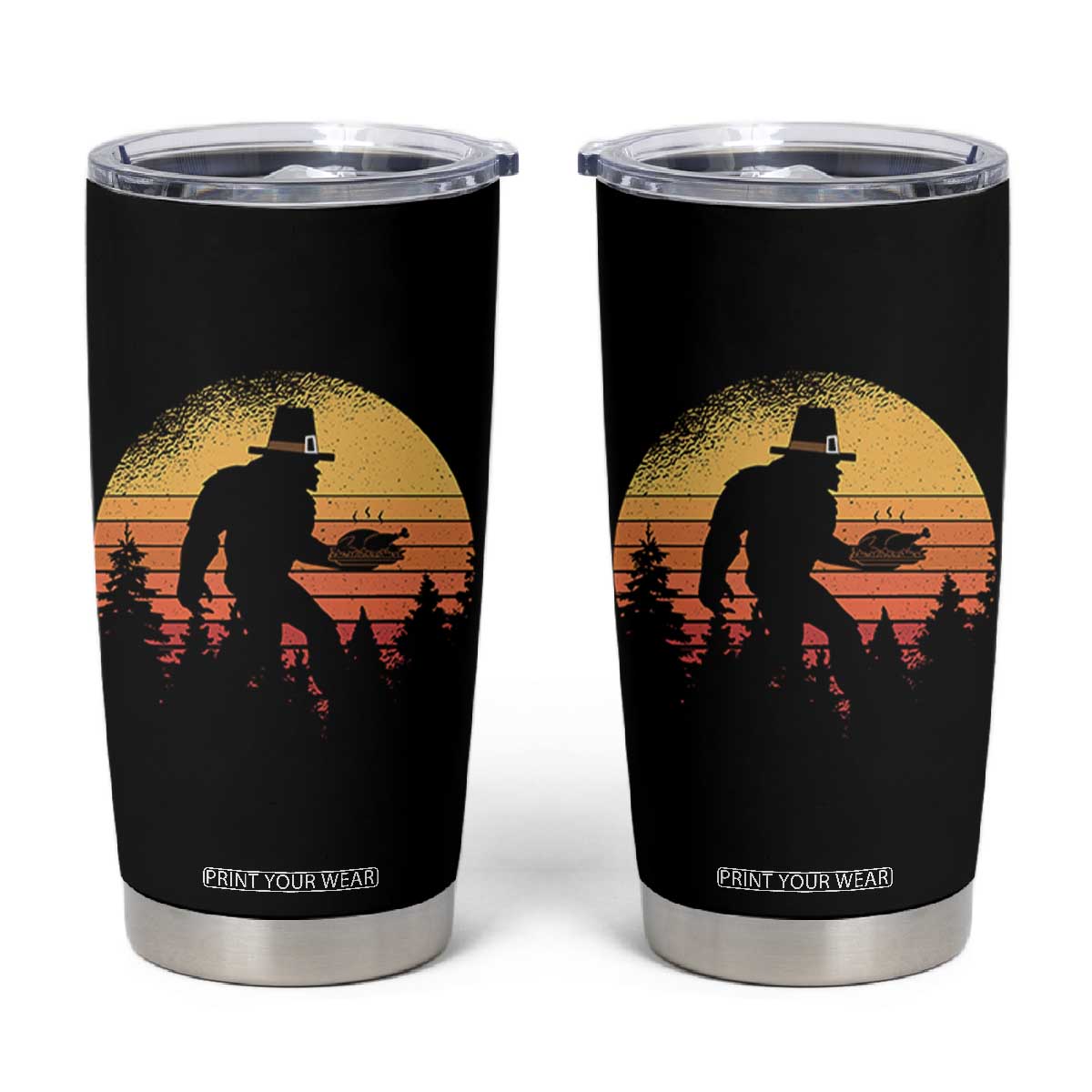 Bigfoot Pilgrim Turkey Pumpkin Thanksgiving Day Tumbler Cup TS11 Black Print Your Wear