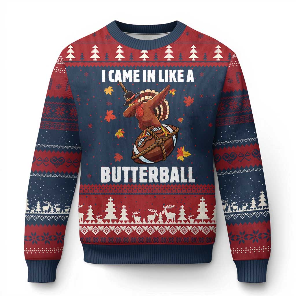 Funny I Came In Like A Butterball Ugly Christmas Sweater Thanksgiving Dabbing Turkey TS11 Navy Red Print Your Wear