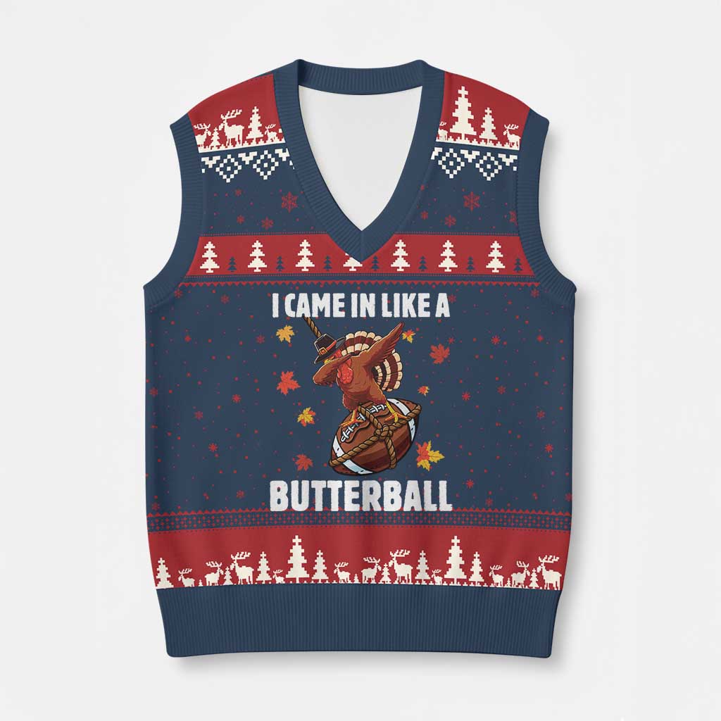 Funny I Came In Like A Butterball V-Neck Knit Sweater Vest Thanksgiving Dabbing Turkey TS11 Navy Red Print Your Wear
