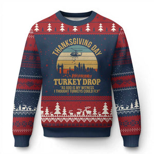 Funny Thanksgiving Day Turkey Drop Ugly Christmas Sweater As God Is My Witness I Thought Turkeys Could Fly TS11 Navy Red Print Your Wear