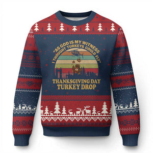 Funny Thanksgiving Day Turkey Drop Ugly Christmas Sweater As God Is My Witness I Thought Turkeys Could Fly Vintage Retro TS11 Navy Red Print Your Wear