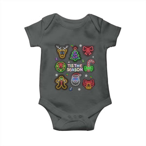 Funny Christmas Baby Onesie Tis The Season Neon Lights Santa Gingerbread TS11 Dark Heather Print Your Wear