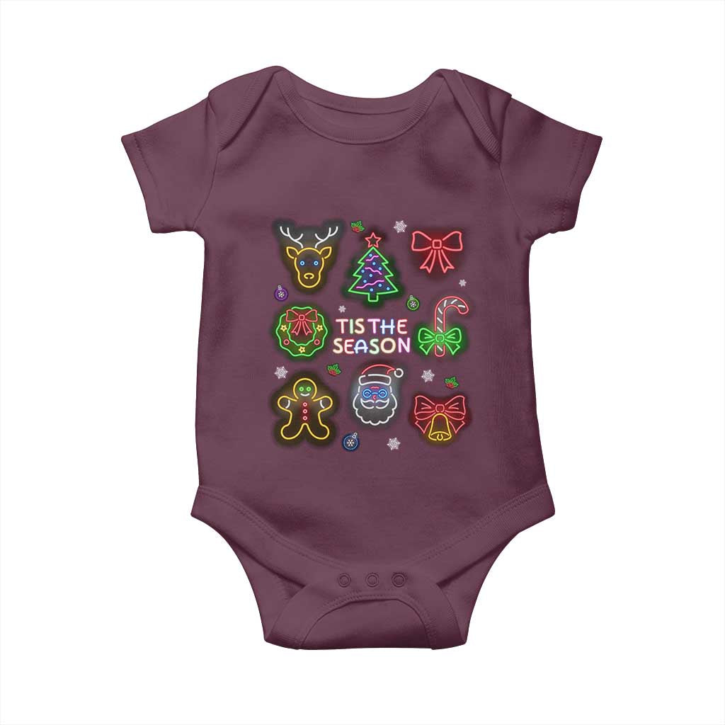 Funny Christmas Baby Onesie Tis The Season Neon Lights Santa Gingerbread TS11 Maroon Print Your Wear