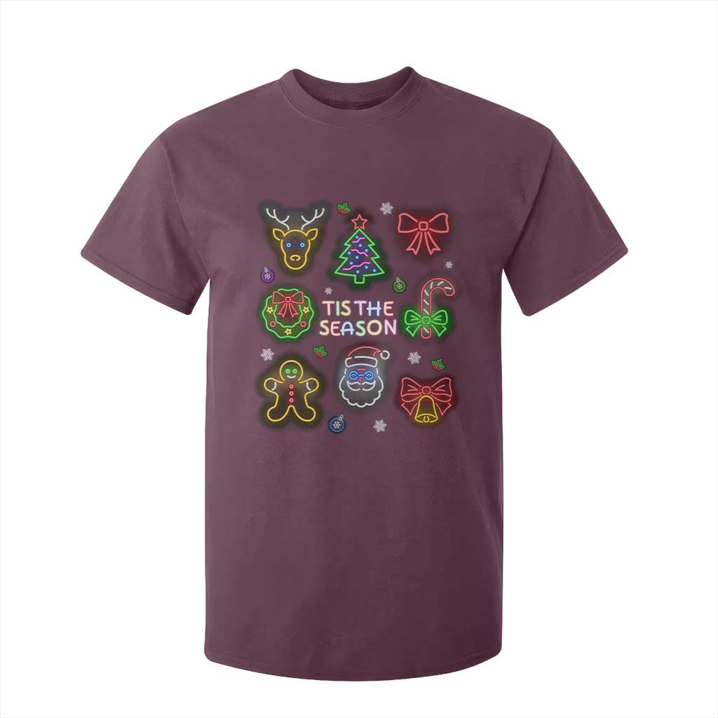 Funny Christmas T Shirt For Kid Tis The Season Neon Lights Santa Gingerbread TS11 Maroon Print Your Wear