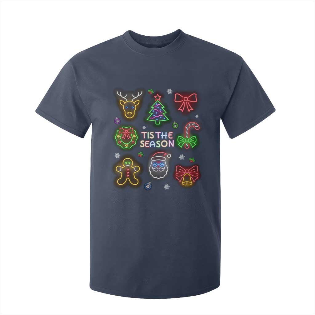 Funny Christmas T Shirt For Kid Tis The Season Neon Lights Santa Gingerbread TS11 Navy Print Your Wear