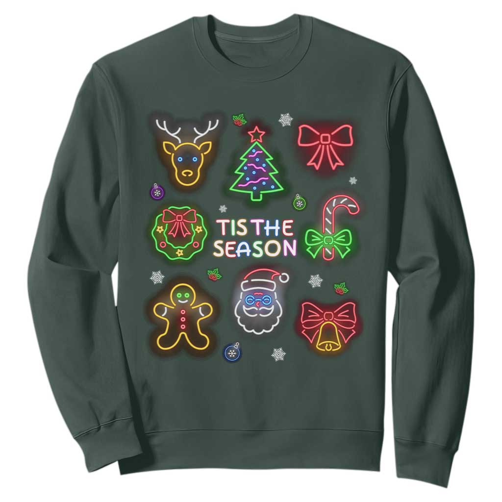 Funny Christmas Sweatshirt Tis The Season Neon Lights Santa Gingerbread TS11 Dark Forest Green Print Your Wear