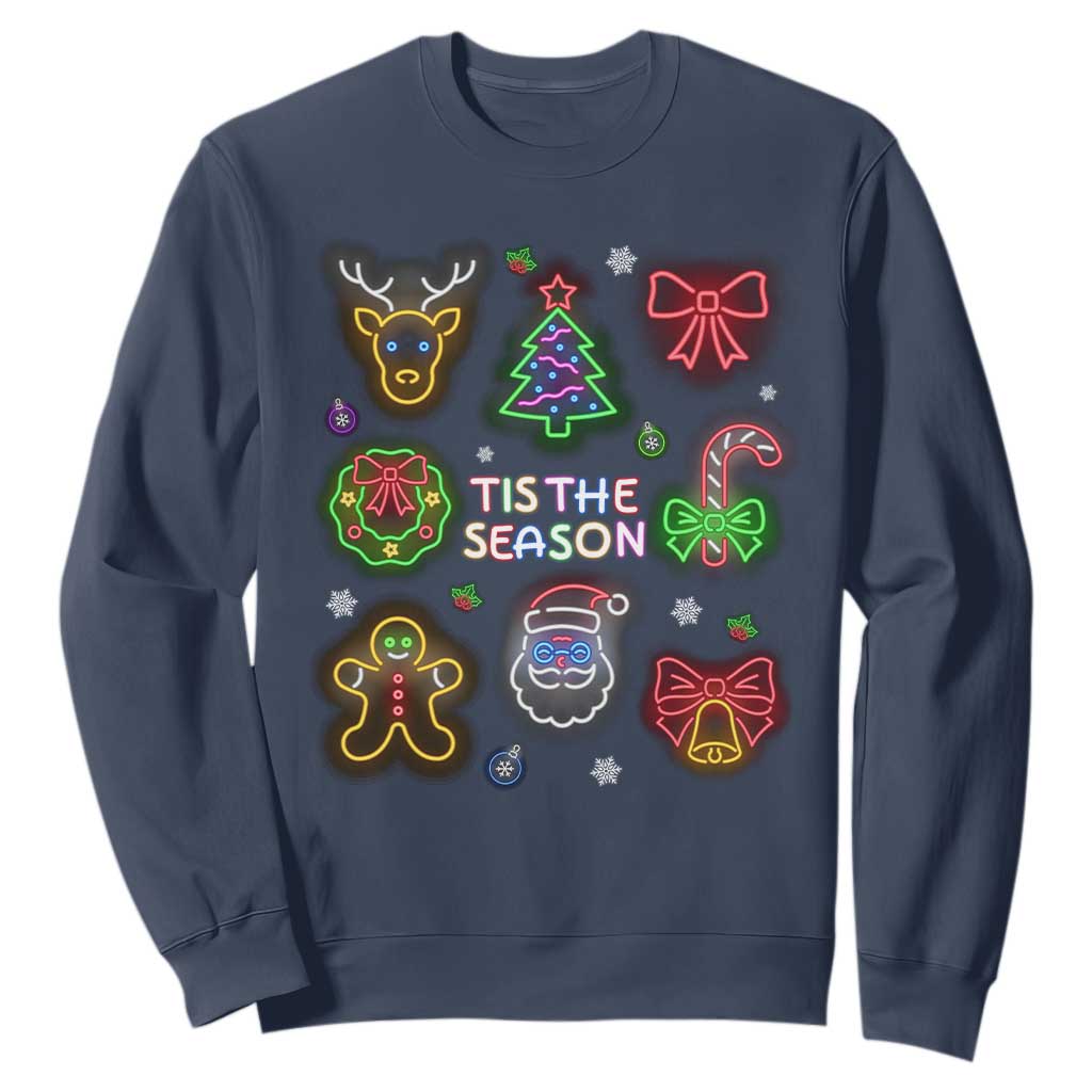 Funny Christmas Sweatshirt Tis The Season Neon Lights Santa Gingerbread TS11 Navy Print Your Wear