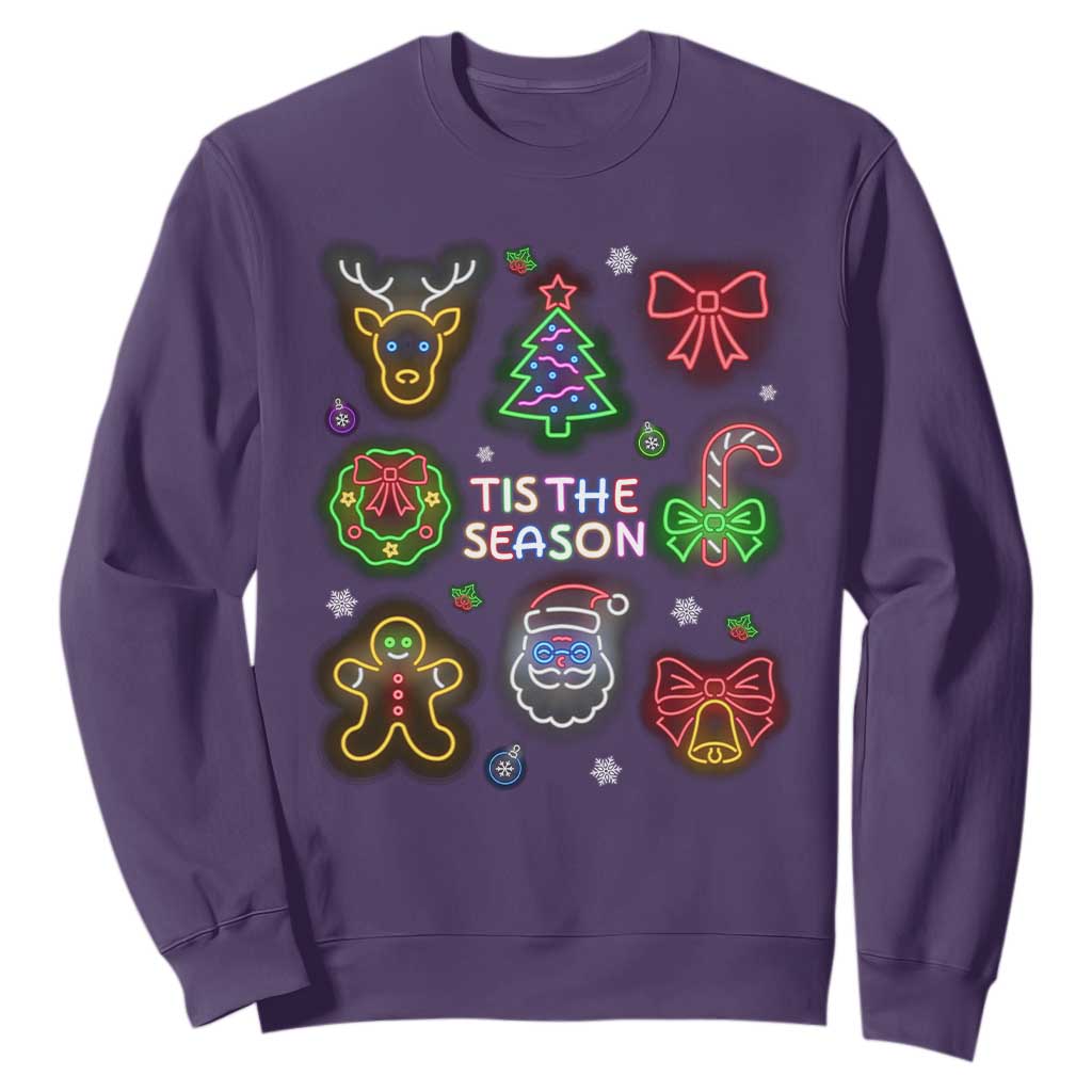Funny Christmas Sweatshirt Tis The Season Neon Lights Santa Gingerbread TS11 Purple Print Your Wear