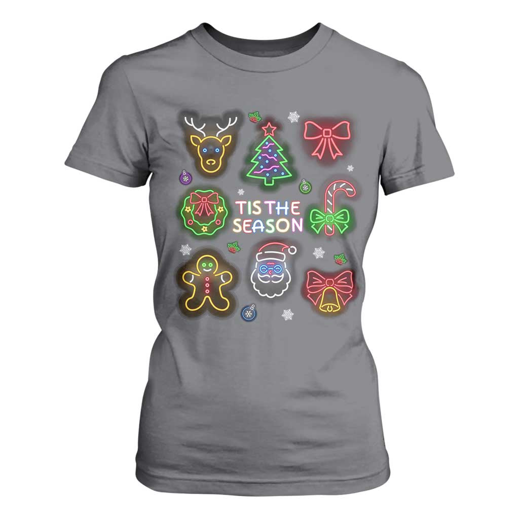 Funny Christmas T Shirt For Women Tis The Season Neon Lights Santa Gingerbread TS11 Charcoal Print Your Wear