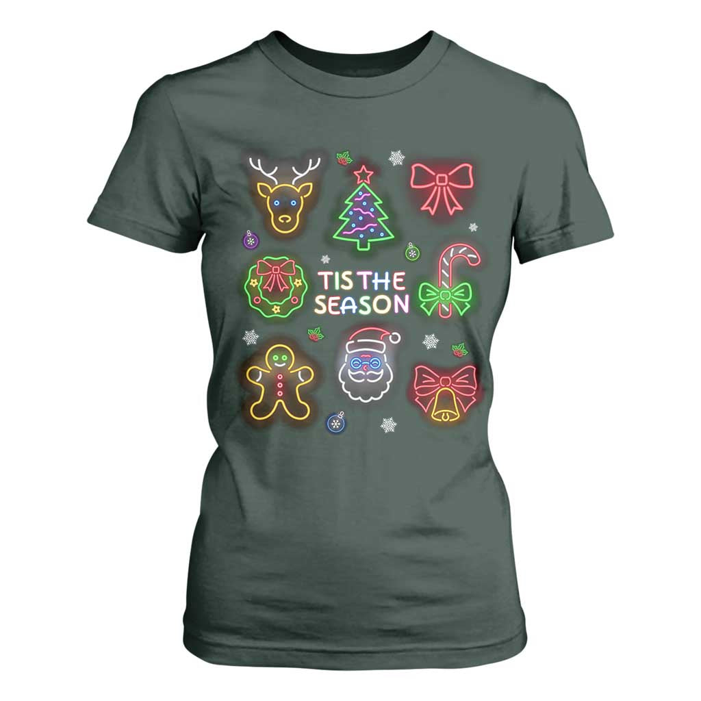 Funny Christmas T Shirt For Women Tis The Season Neon Lights Santa Gingerbread TS11 Dark Forest Green Print Your Wear