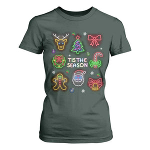 Funny Christmas T Shirt For Women Tis The Season Neon Lights Santa Gingerbread TS11 Dark Forest Green Print Your Wear