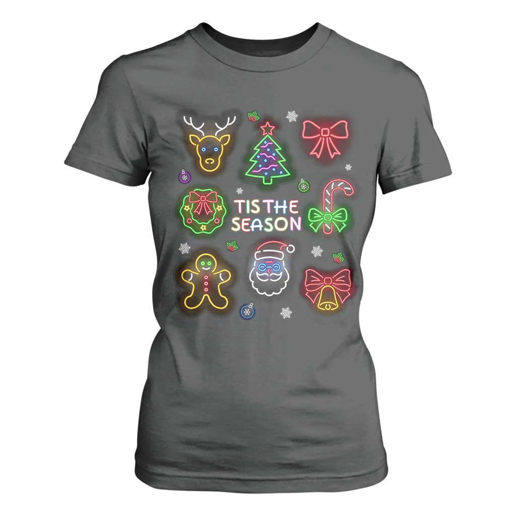 Funny Christmas T Shirt For Women Tis The Season Neon Lights Santa Gingerbread TS11 Dark Heather Print Your Wear