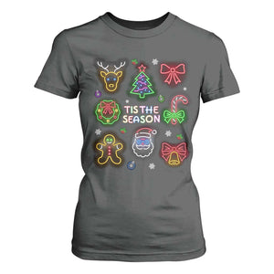 Funny Christmas T Shirt For Women Tis The Season Neon Lights Santa Gingerbread TS11 Dark Heather Print Your Wear