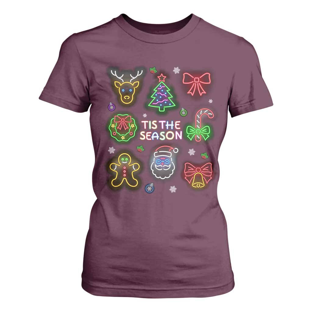 Funny Christmas T Shirt For Women Tis The Season Neon Lights Santa Gingerbread TS11 Maroon Print Your Wear