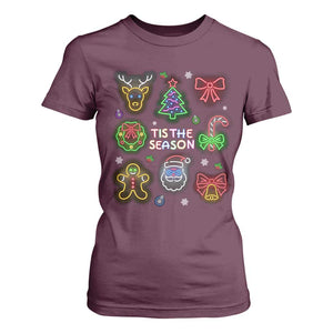 Funny Christmas T Shirt For Women Tis The Season Neon Lights Santa Gingerbread TS11 Maroon Print Your Wear