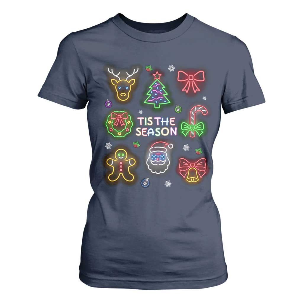 Funny Christmas T Shirt For Women Tis The Season Neon Lights Santa Gingerbread TS11 Navy Print Your Wear