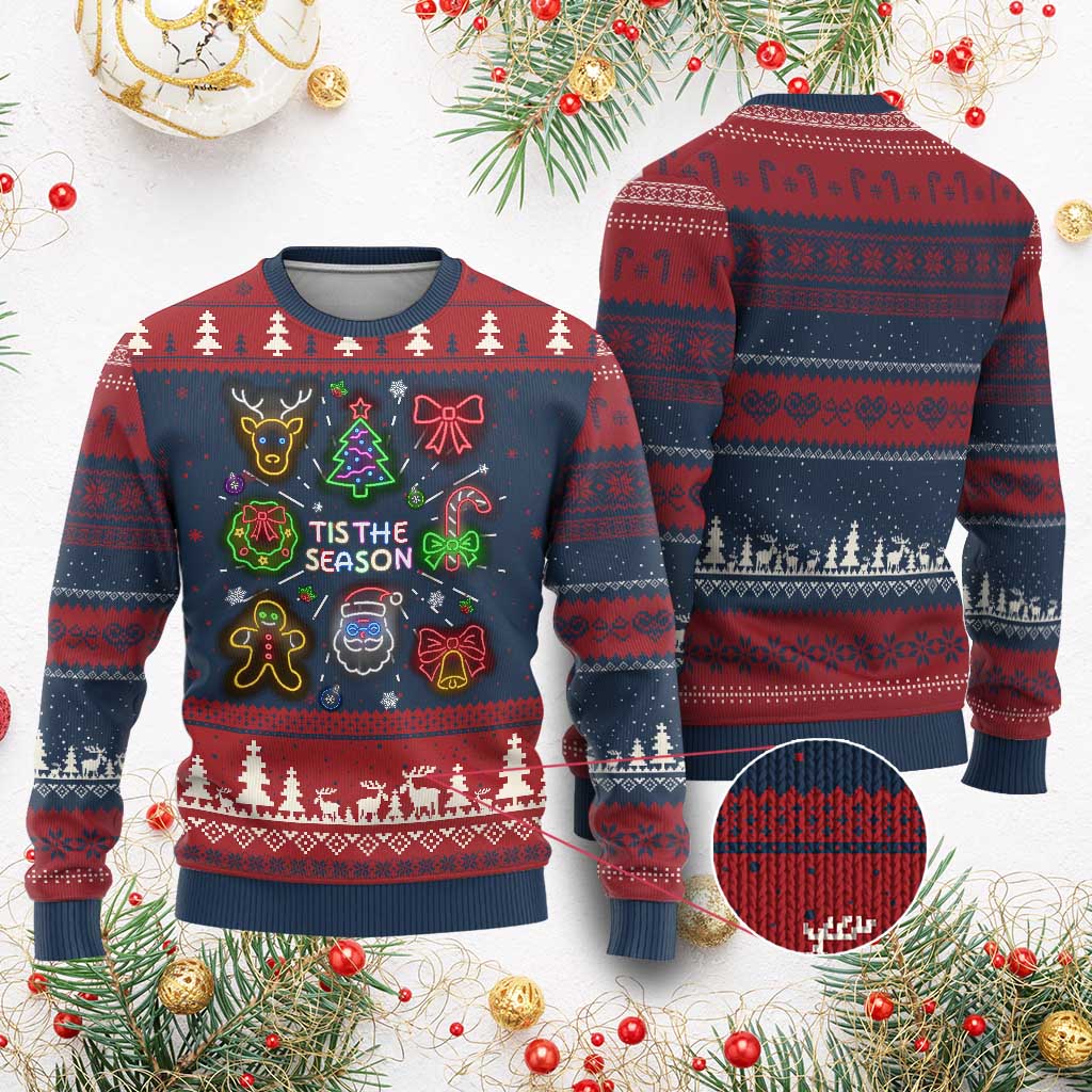 Funny Xmas Ugly Christmas Sweater Tis The Season Neon Lights Santa Gingerbread TS11 Burgundy Print Your Wear