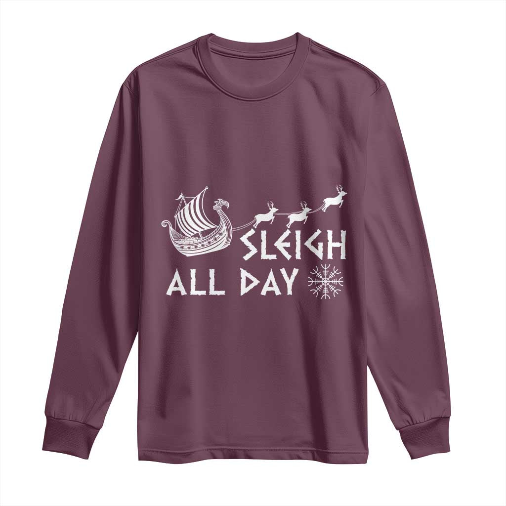 Christmas Viking Long Sleeve Shirt Sleigh All Day Reindeers Longships TS11 Maroon Print Your Wear