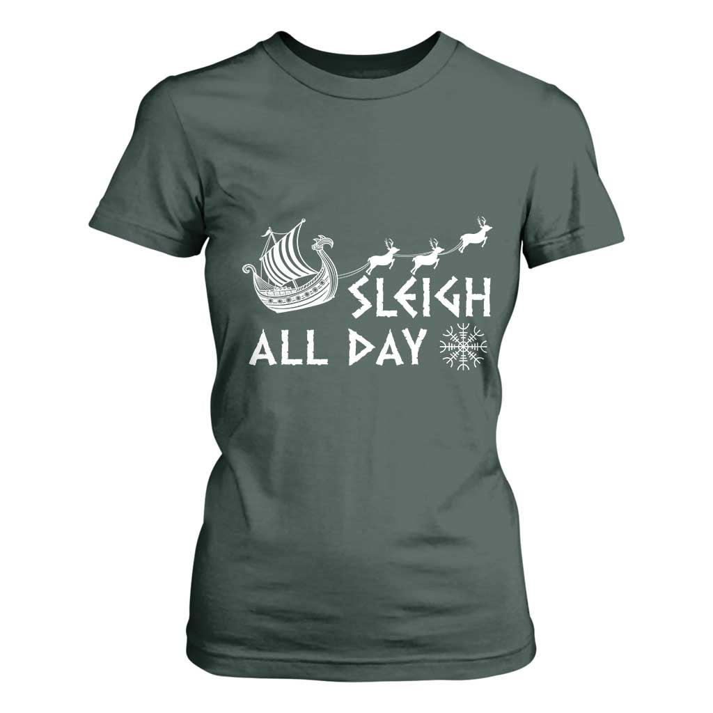 Christmas Viking T Shirt For Women Sleigh All Day Reindeers Longships TS11 Dark Forest Green Print Your Wear