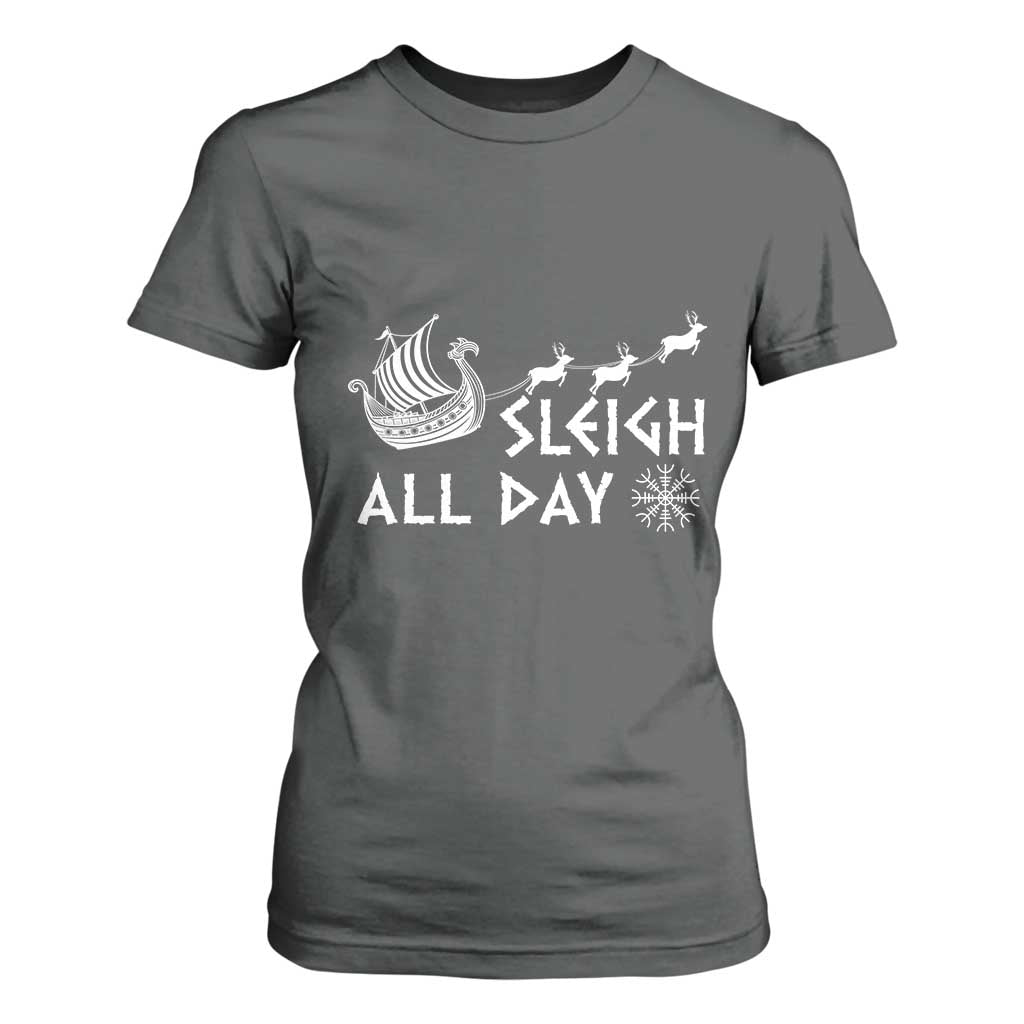 Christmas Viking T Shirt For Women Sleigh All Day Reindeers Longships TS11 Dark Heather Print Your Wear