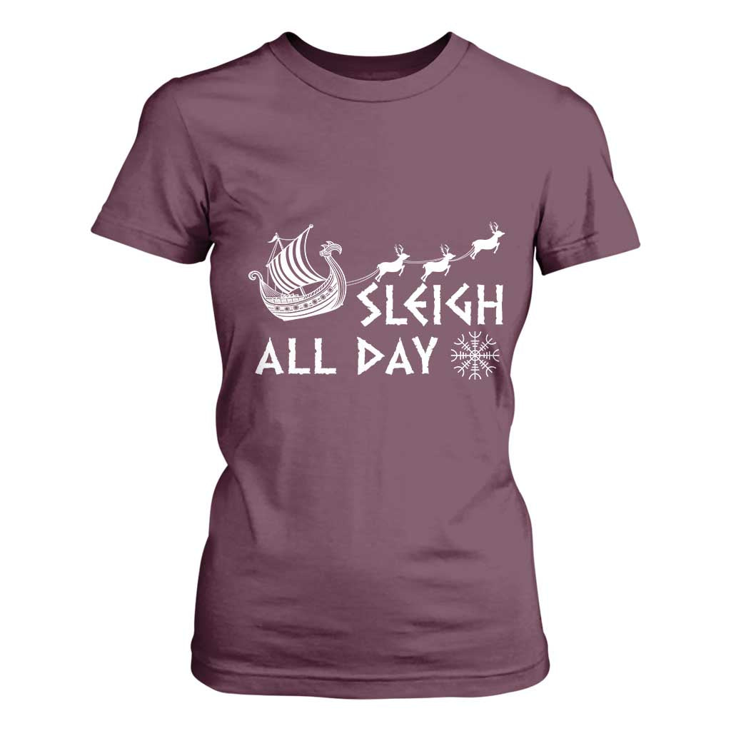 Christmas Viking T Shirt For Women Sleigh All Day Reindeers Longships TS11 Maroon Print Your Wear