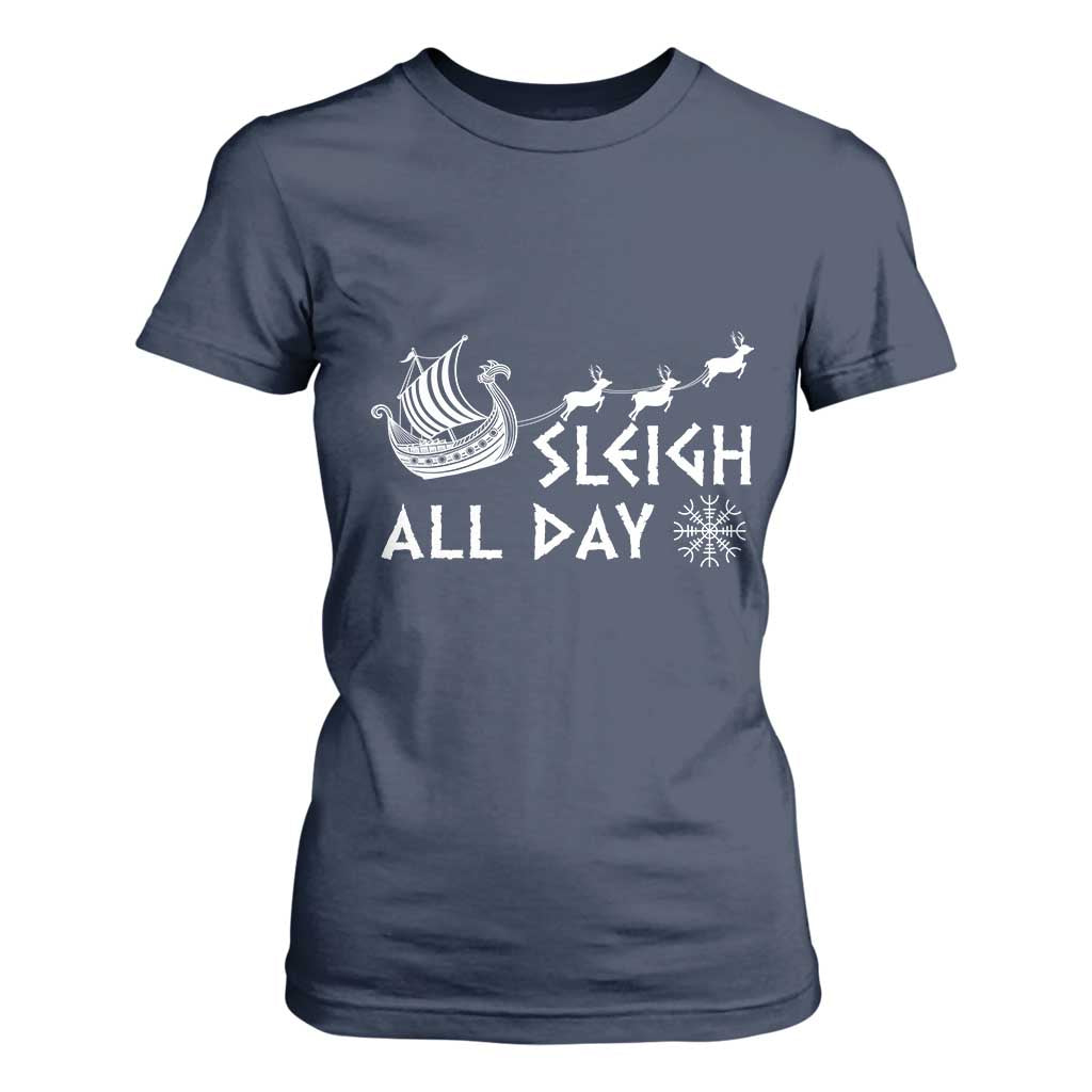 Christmas Viking T Shirt For Women Sleigh All Day Reindeers Longships TS11 Navy Print Your Wear