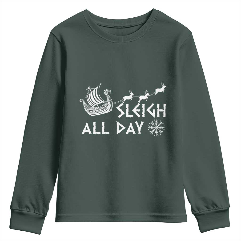 Christmas Viking Youth Sweatshirt Sleigh All Day Reindeers Longships TS11 Dark Forest Green Print Your Wear